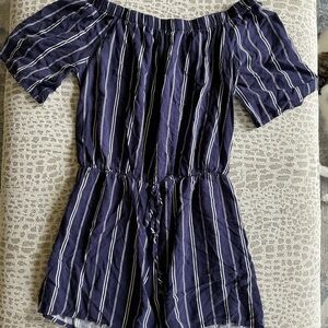 Millibon Navy Blue Striped Off-Shoulder Romper